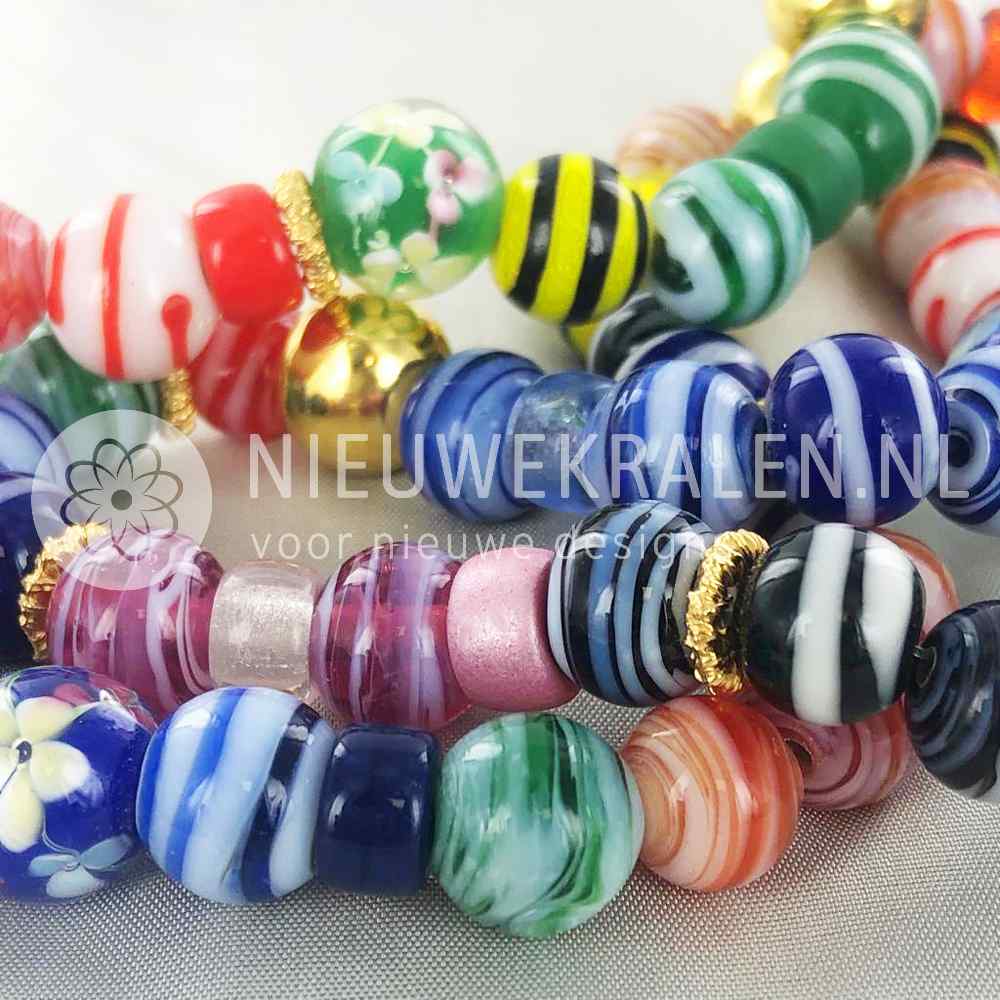 Glaskralen wit oranje rood multi kleur rond 10mm per 6 stuks