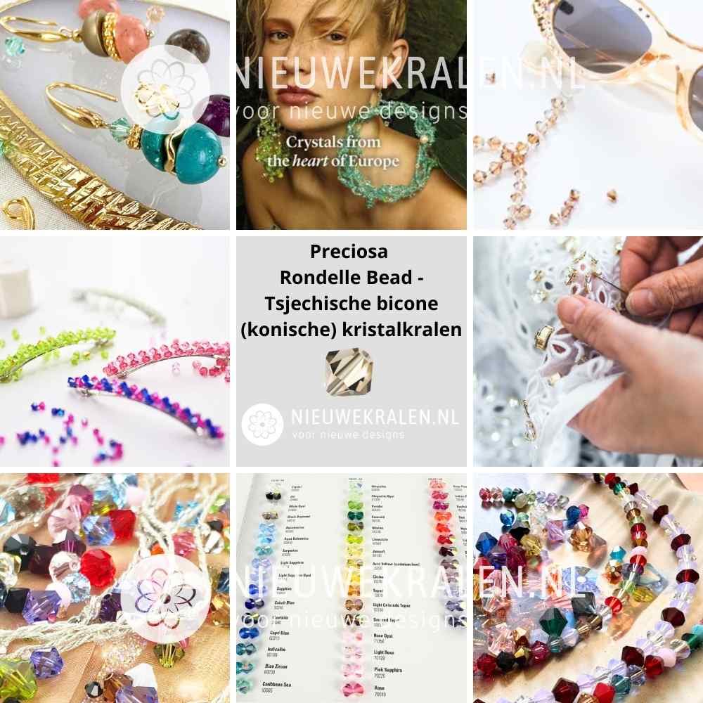 Inspiratiecollage van sieraden en borduurwerken met Preciosa Bicone (konische) kristalkralen in oorbellen, kettingen en armbanden.