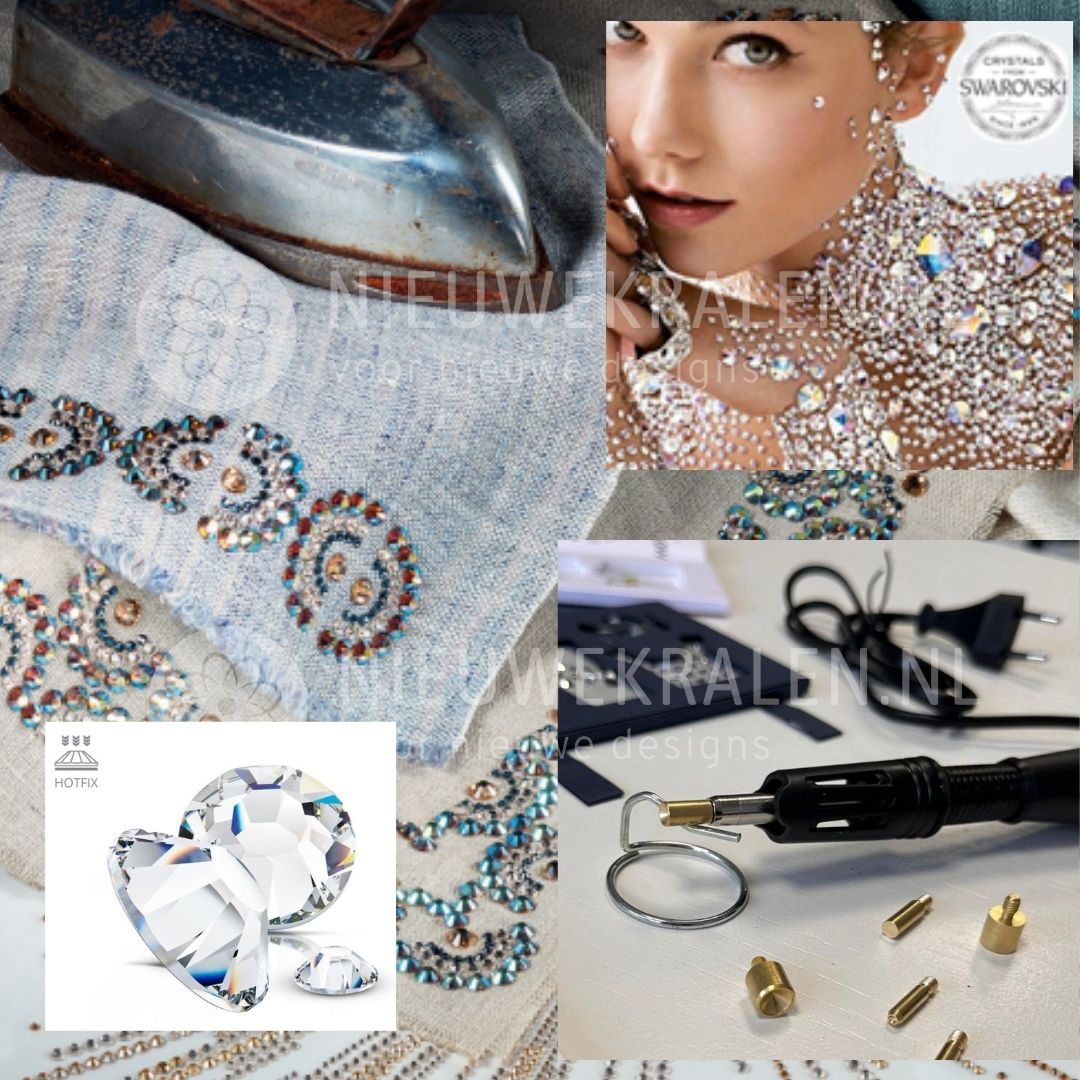 Swarovski Hotfix stenen inspiratie met applicator, strijkijzer en toepassingen op kleding