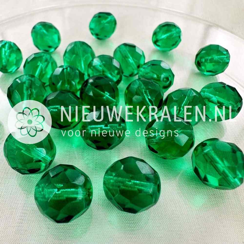 Tsjechische facet kralen 12 mm groen – Fire Polished glaskralen van Preciosa, transparant groen.