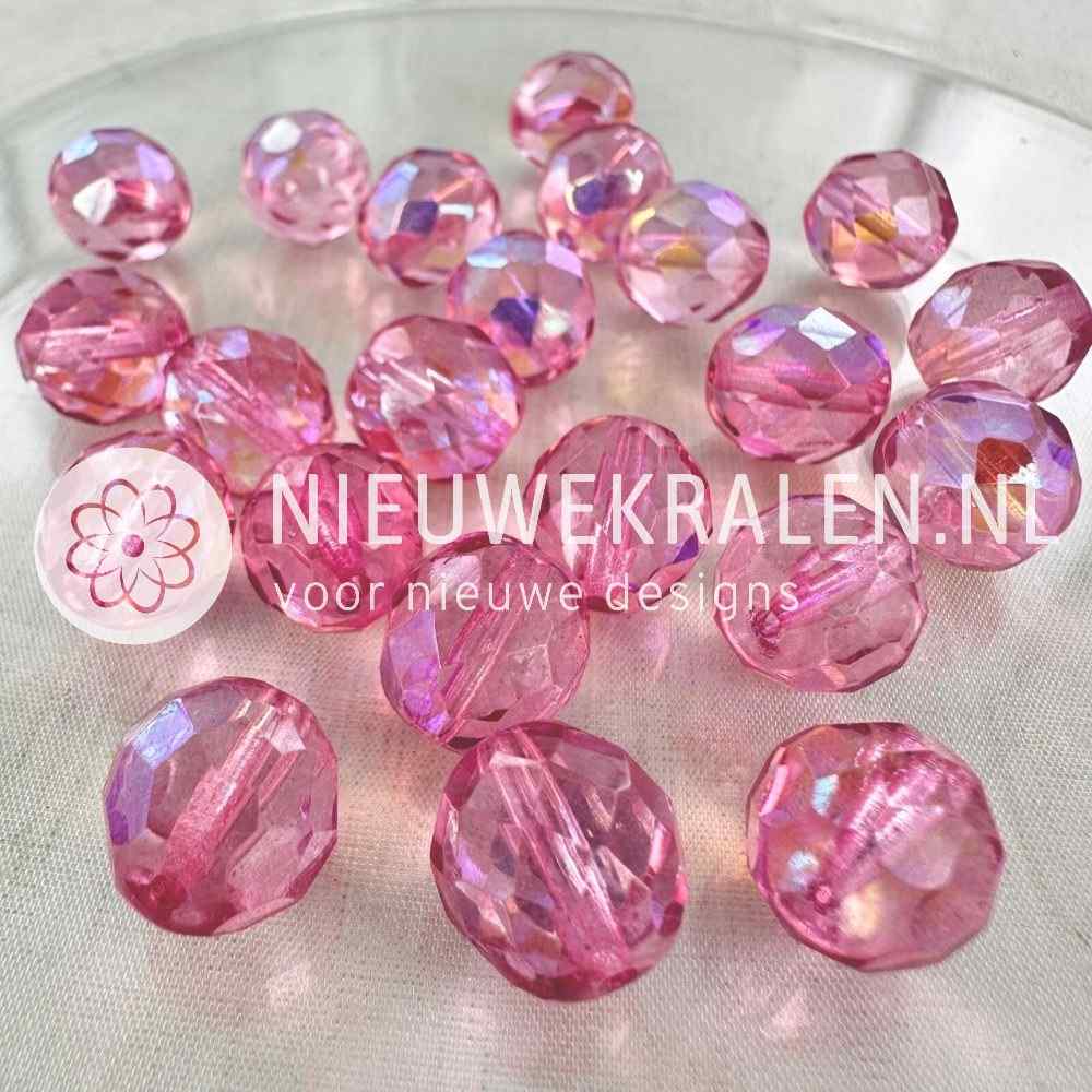 Tsjechische facet kralen 12 mm roze ab – Fire Polished glaskralen van Preciosa, transparant roze met ab-coating.