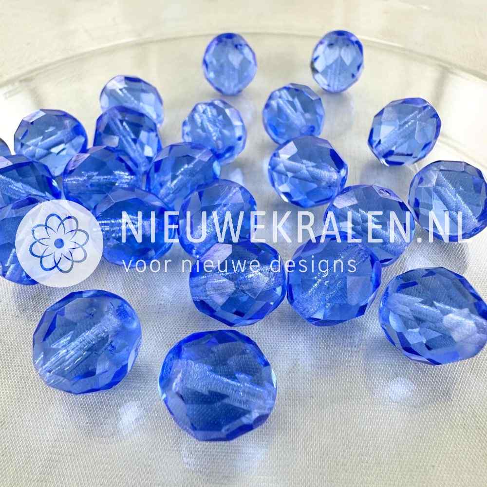 Tsjechische facet kralen 12 mm saffierblauw – Fire Polished glaskralen van Preciosa in een transparant blauwe kleur.