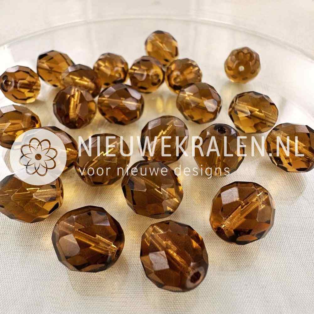 Tsjechische facet kralen 12 mm smoked topaz – Fire Polished glaskralen van Preciosa met schitterende glans in bruine kleur.