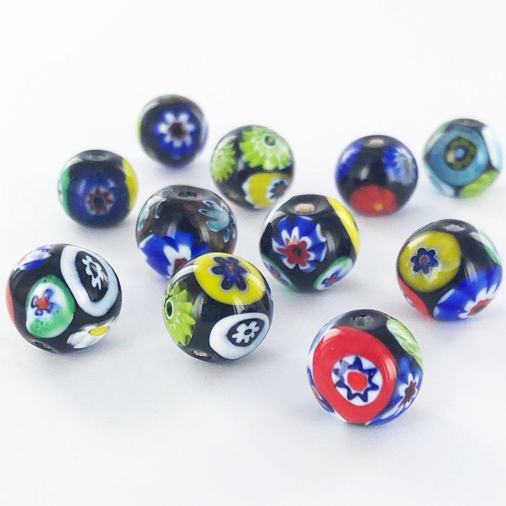 Millefiori glaskralen rond zwart multikleur 10mm - per stuk