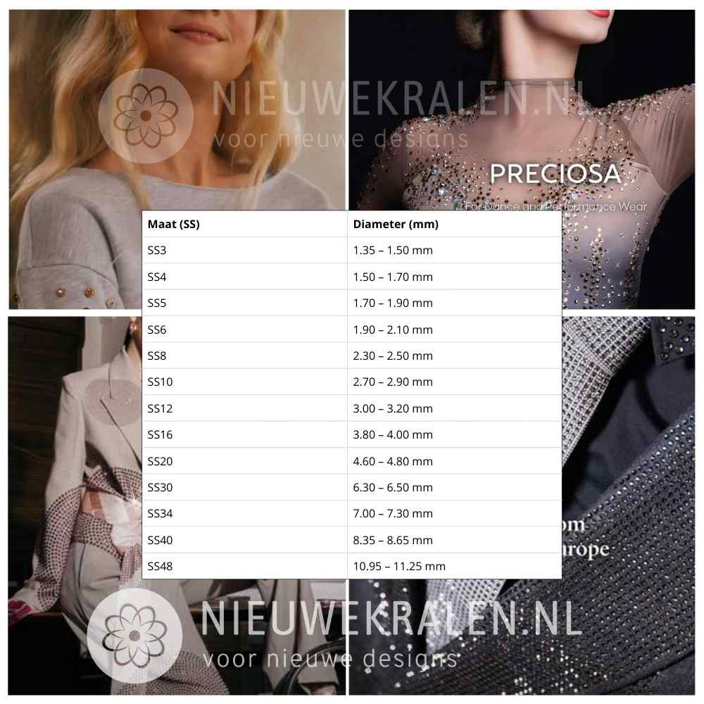 Flatback Stones maattabel (Hotfix & Non-Hotfix) – overzicht maten in SS en mm met inspiratievoorbeelden op kleding en accessoires