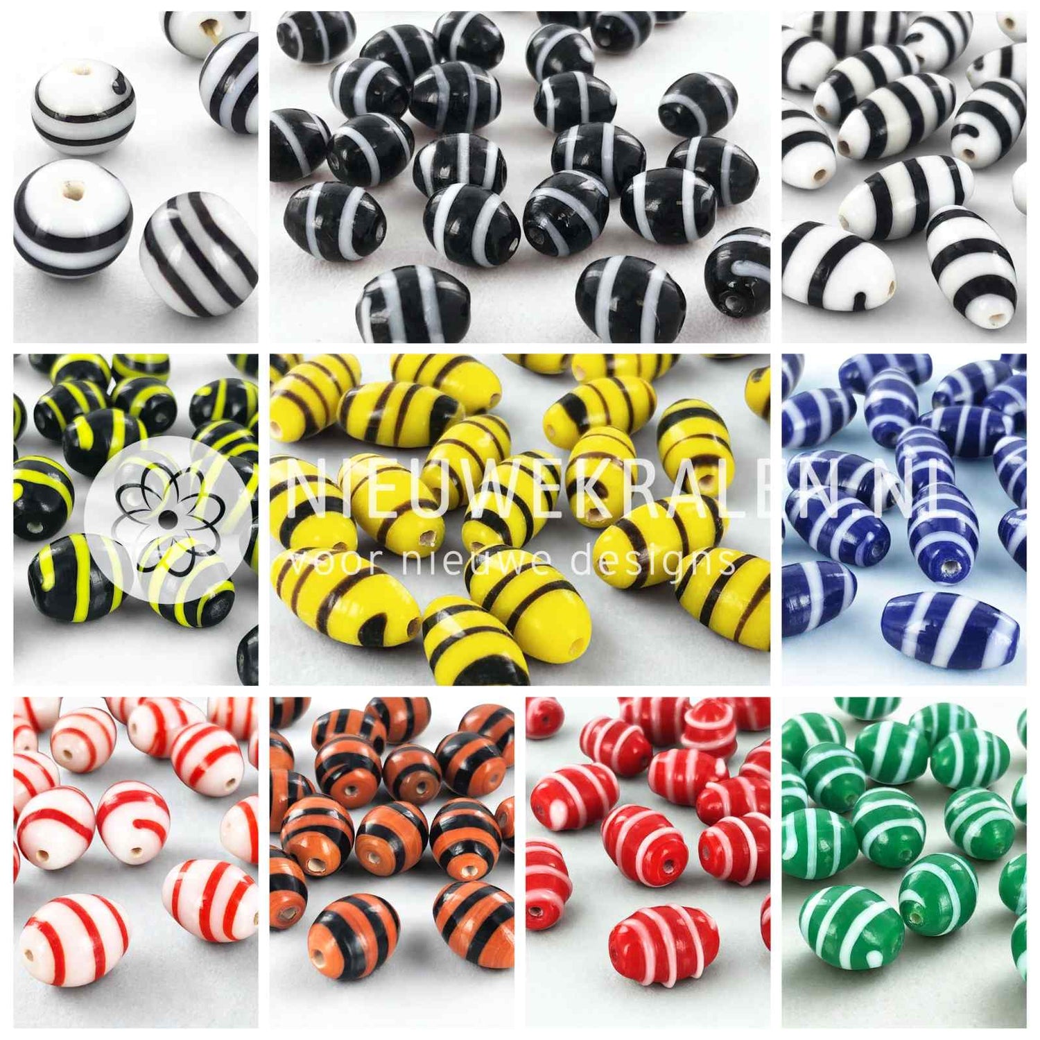 Kromanti kralen – handgemaakte glaskralen in zwart-wit, geel, rood, blauw, groen en oranje, ovaal en rond, culturele kralen voor Surinaamse sieraden