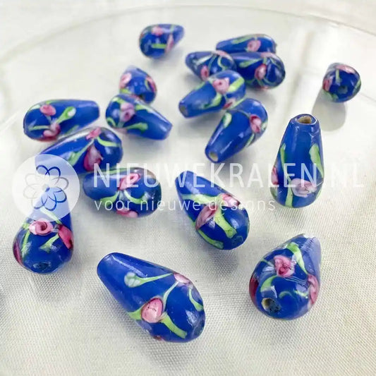 Italiaanse druppel kralen met bloemen 17mm blauw Nieuwekralen