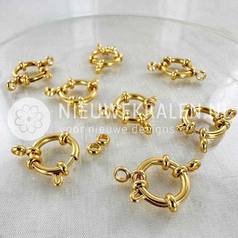 Boeisluitingen 14 mm RVS 24 k verguld – luxe veerringsluitingen met meerdere ringetjes voor sieraden, armbanden en kettingen en voor bevestigen van bedels, hangers en kralen.