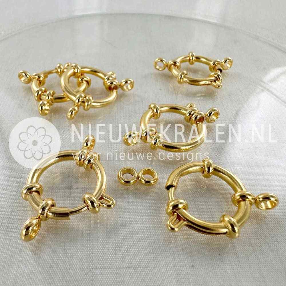 Boeisluitingen 18 mm RVS 24 k verguld – luxe veerringsluitingen met meerdere ringetjes voor sieraden, armbanden en kettingen en voor bevestigen van bedels, hangers en kralen.