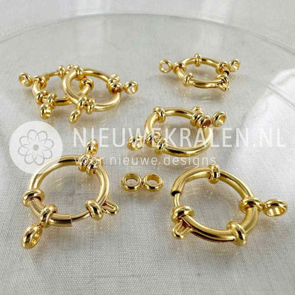 Boeisluitingen 18 mm RVS 24 k verguld – luxe veerringsluitingen met meerdere ringetjes voor sieraden, armbanden en kettingen en voor bevestigen van bedels, hangers en kralen.