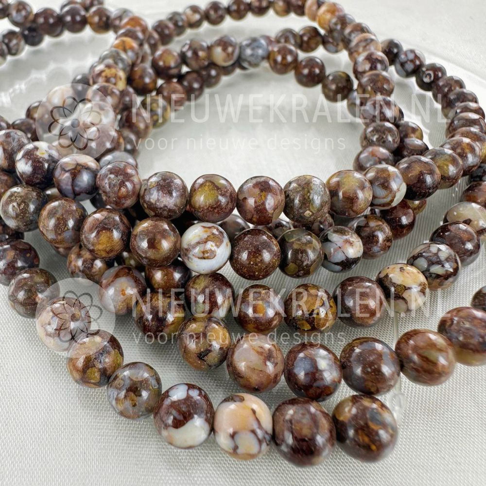 Brown Opal natuursteen kralen rond 6 mm met bruine, crème- en grijstinten en subtiele mosgroene nuances
