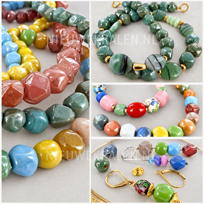 Inspiratiecollage met handgemaakte barok facetkralen van 8 mm, gemaakt van glas, in verschillende kleuren en sieradenontwerpen.