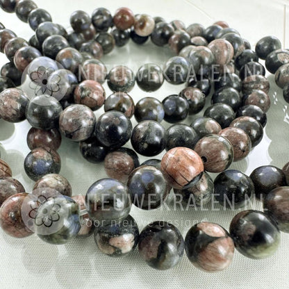 Glaucophane natuursteen kralen rond 8 mm met grijstinten en bruine, blauwe, groene en subtiele roze nuances