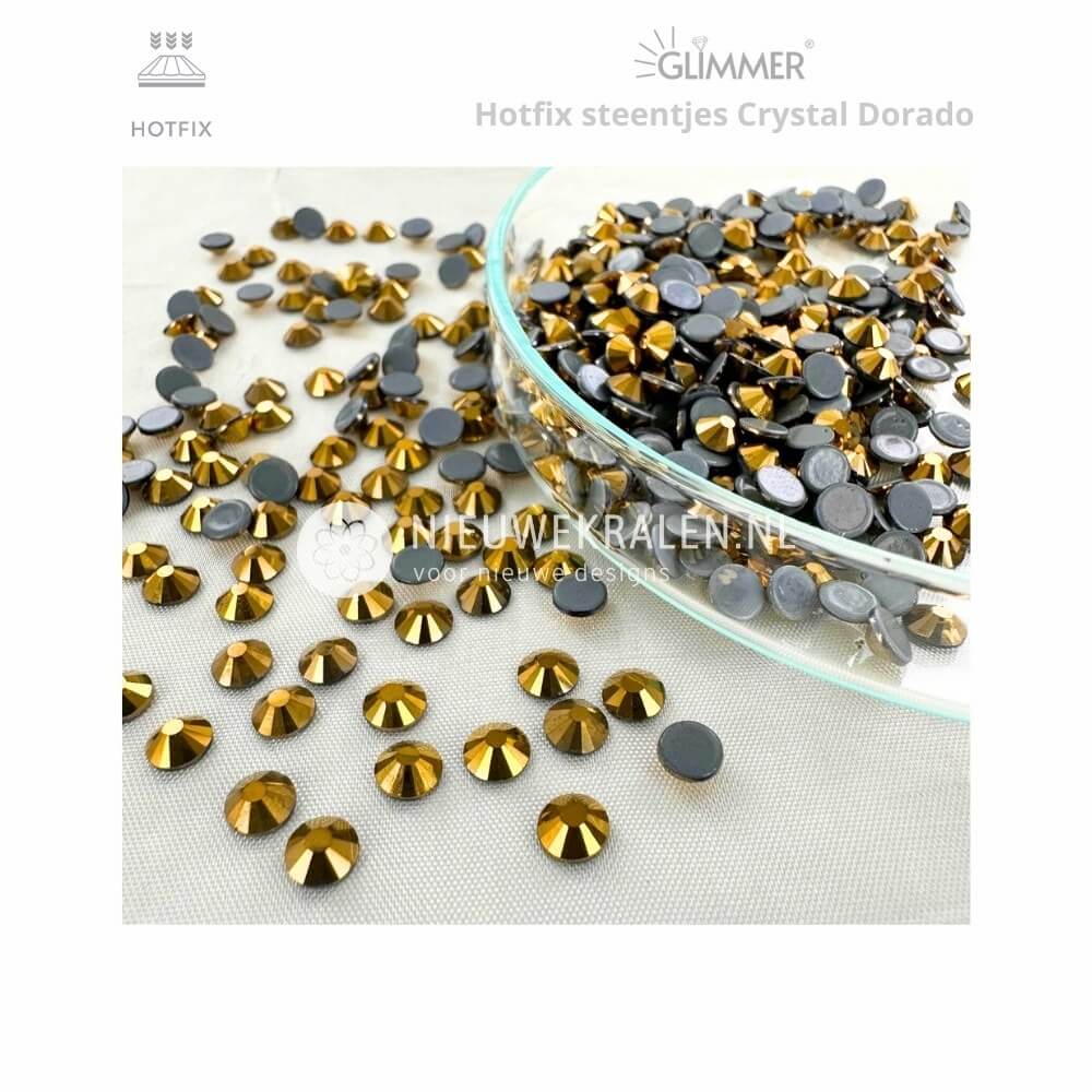 Glimmer hotfix steentjes SS20 in de kleur Crystal Dorado met vaste lijmlaag