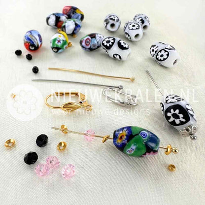 Inspiratie oorbellen met millefiori kralen ovaal zwart-multikleur 13x9mm