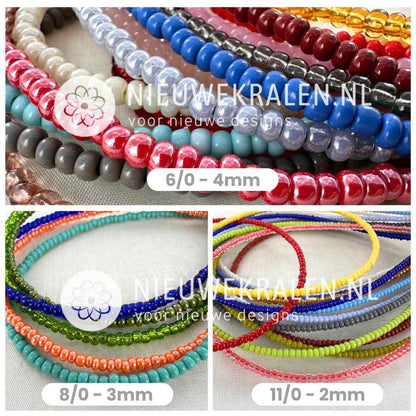 Vergelijking van Preciosa rocailles opaque wit in de maten 11/0 (2mm), 8/0 (3mm) en 6/0 (4mm) – glaskralen uit Tsjechië