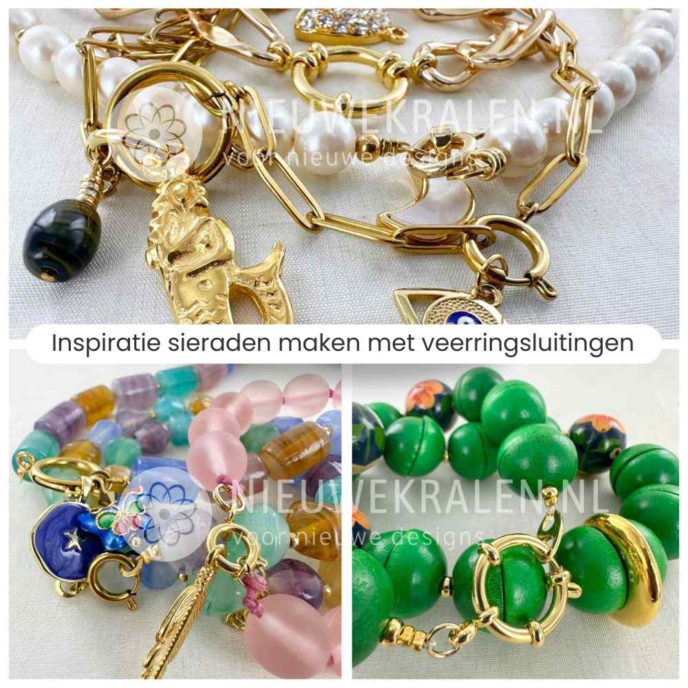 Inspiratie sieraden maken met veerringsluitingen – sluitingen gecombineerd met kralen, bedeltjes en hangers voor armbanden en kettingen.