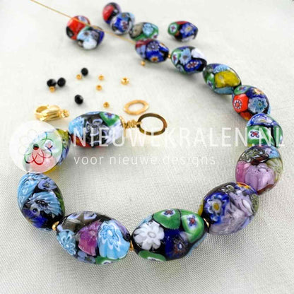 Inspiratie sieraden met millefiori kralen ovaal zwart-multikleur 13x9mm