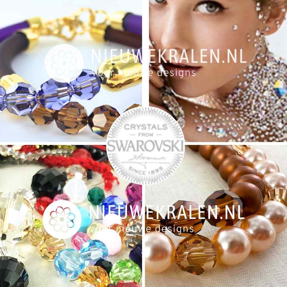 Inspiratie collage van Swarovski Round Beads kristalkralen in diverse kleuren toegepast in sieraden.