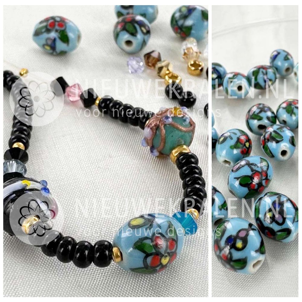 Ovale keramiek kralen met bloemenmotief blauw multi kleur 10 mm inspiratie sieraden met rocailles en kristalkralen