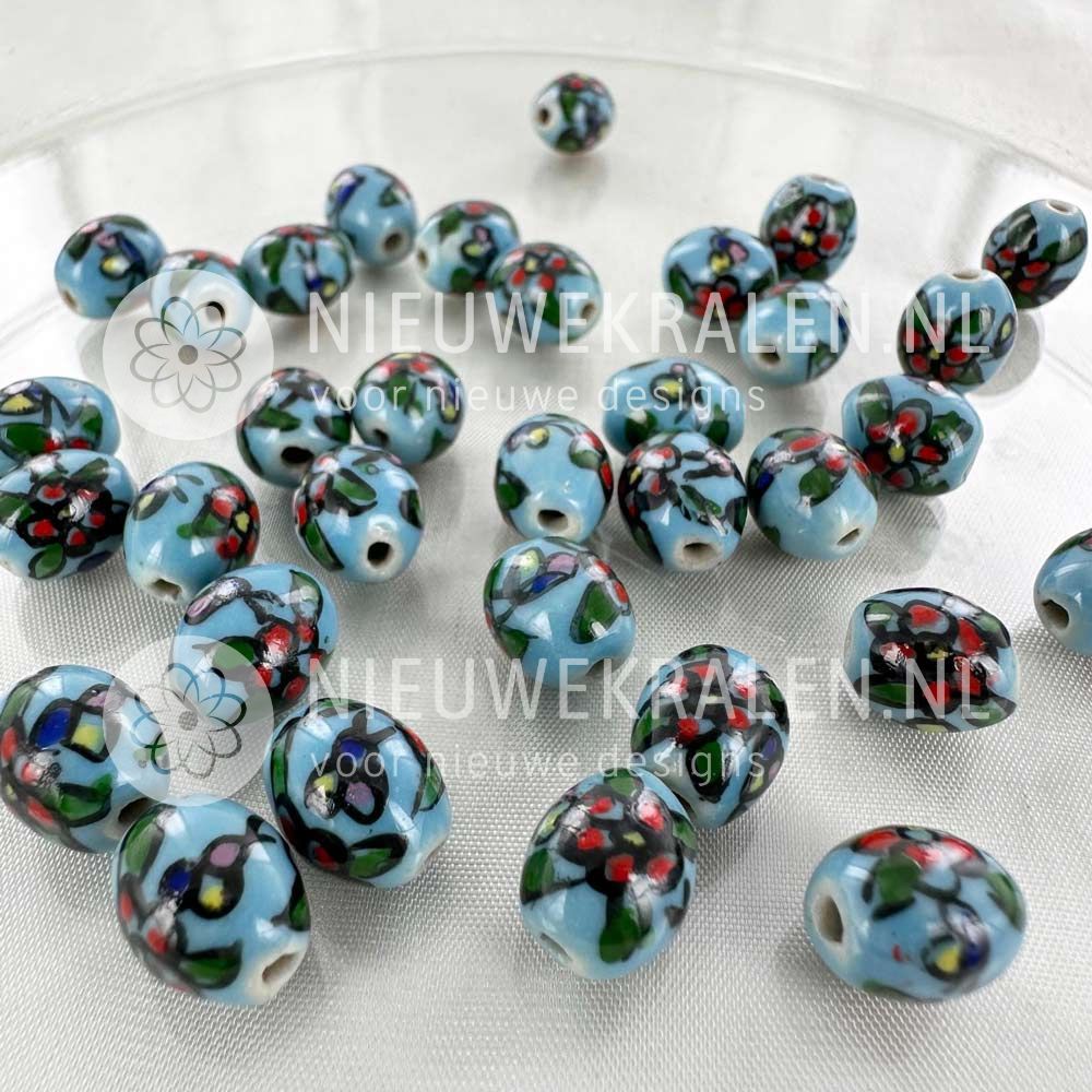 Keramiek kralen met bloemen ovaal blauw multi 10x8 mm