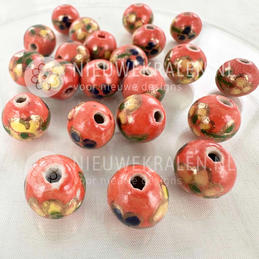 Keramiek kralen met bloemen rond antiek roze 12 mm van Grieks keramiek