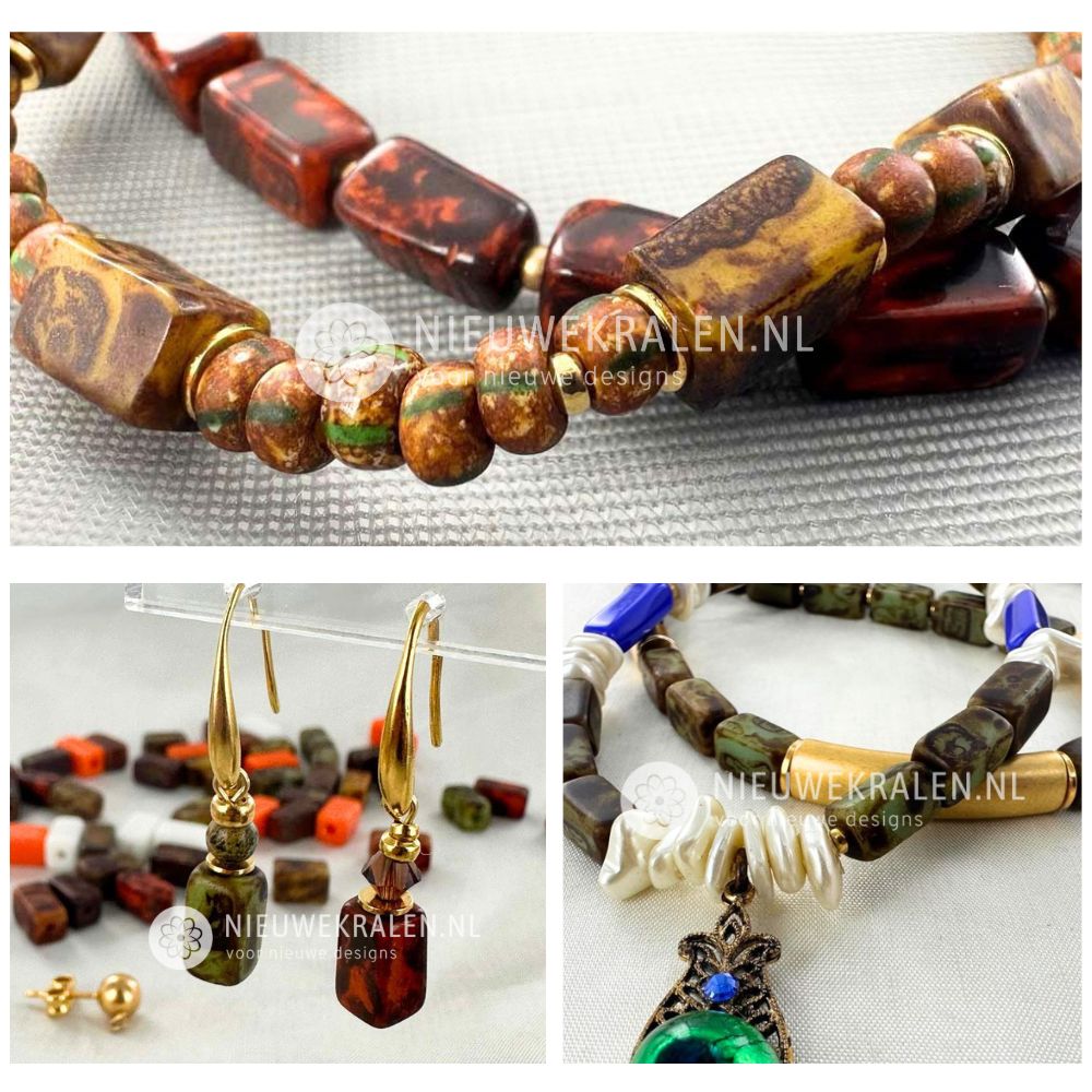 Inspiratie met keramiek kralen in rechthoekige buisjesvorm verwerkt in een ketting, oorbellen en hanger.