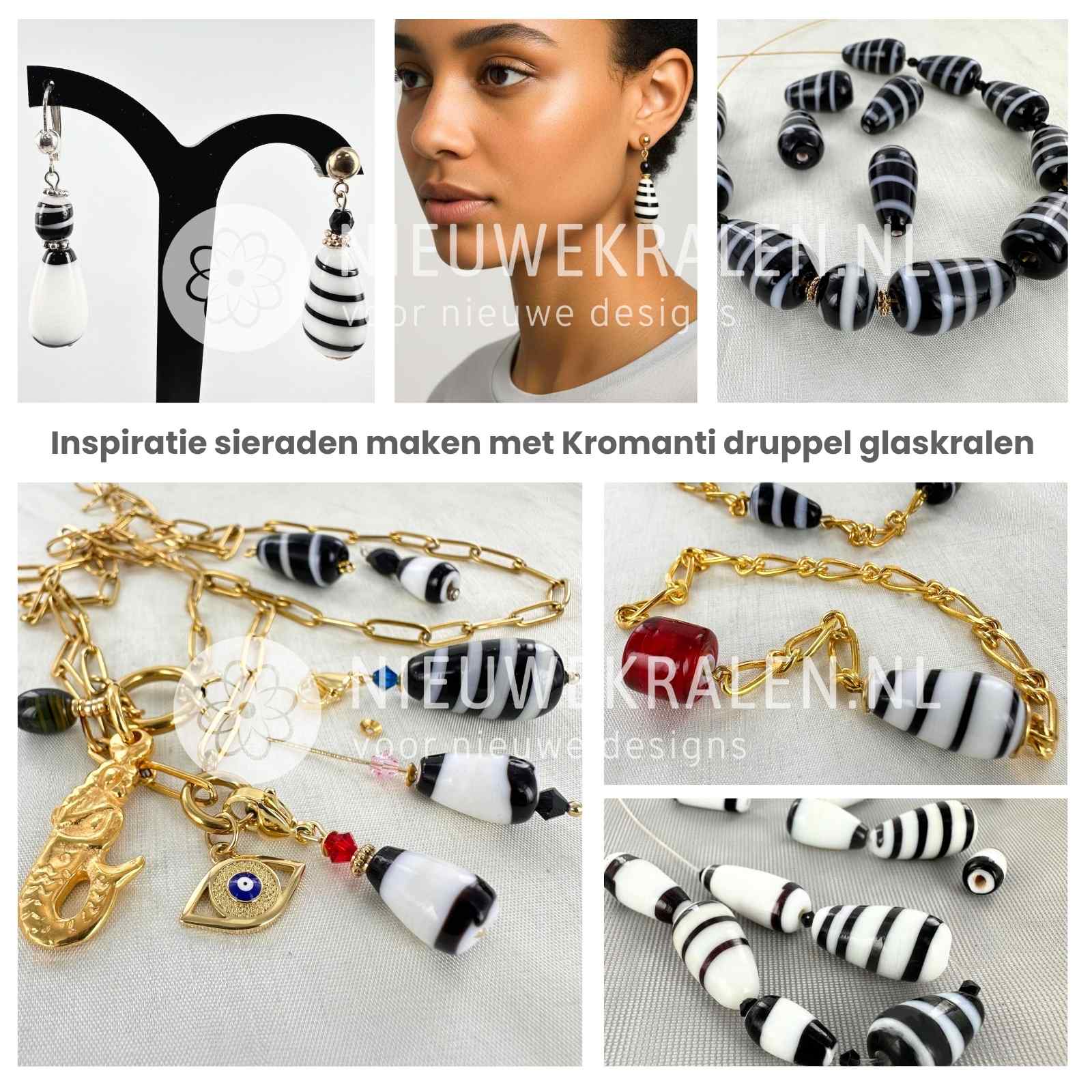 Inspiratie sieraden met Kromanti druppel glaskralen wit-zwart 20×9 mm -  perfect voor Surinaamse sieraden met betekenis en symboliek.