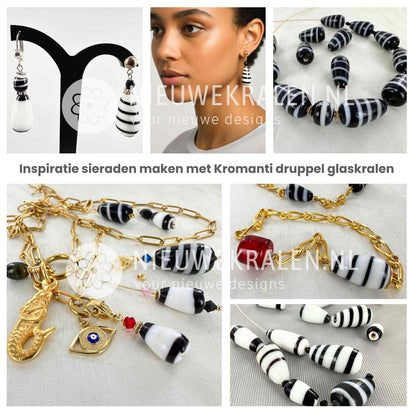 Inspiratie sieraden met Kromanti druppel glaskralen wit-zwart 13×8 mm -  perfect voor Surinaamse sieraden met betekenis en symboliek.