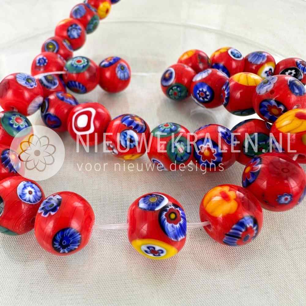 millefiori kralen rond rood multikleur 10mm handgemaakte glaskralen met bloemmotieven