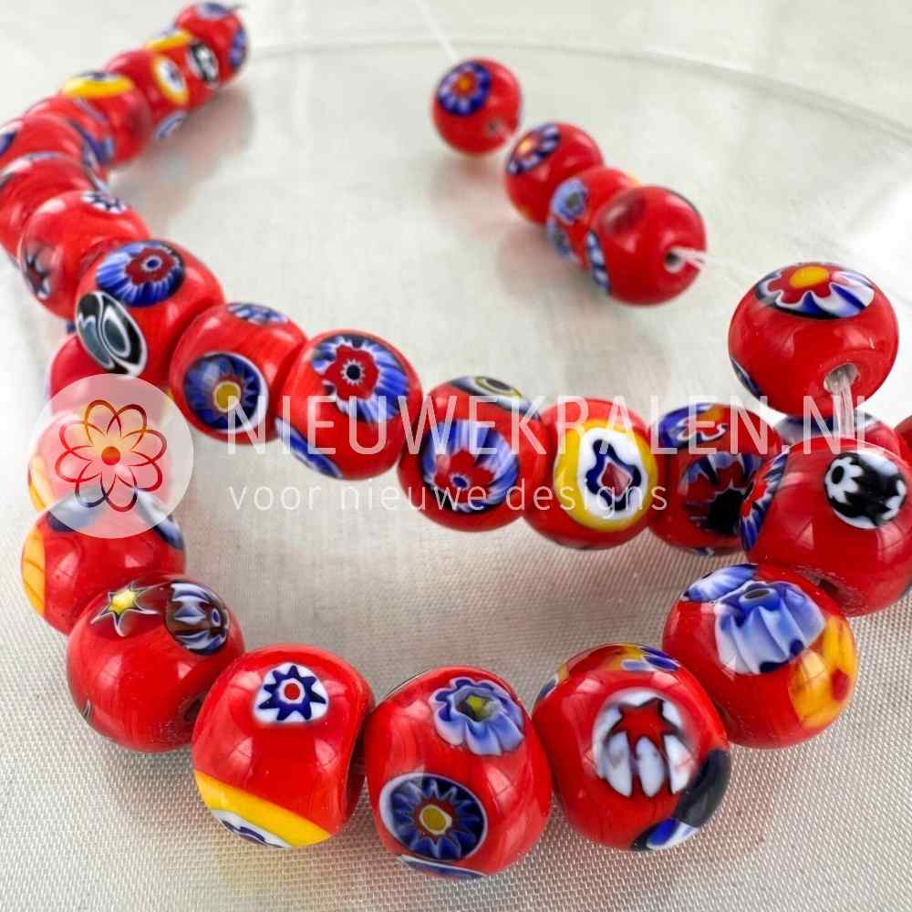 millefiori kralen rond rood multikleur 12mm handgemaakte glaskralen met bloemmotieven