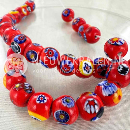 millefiori kralen rond rood multikleur 12mm handgemaakte glaskralen met bloemmotieven