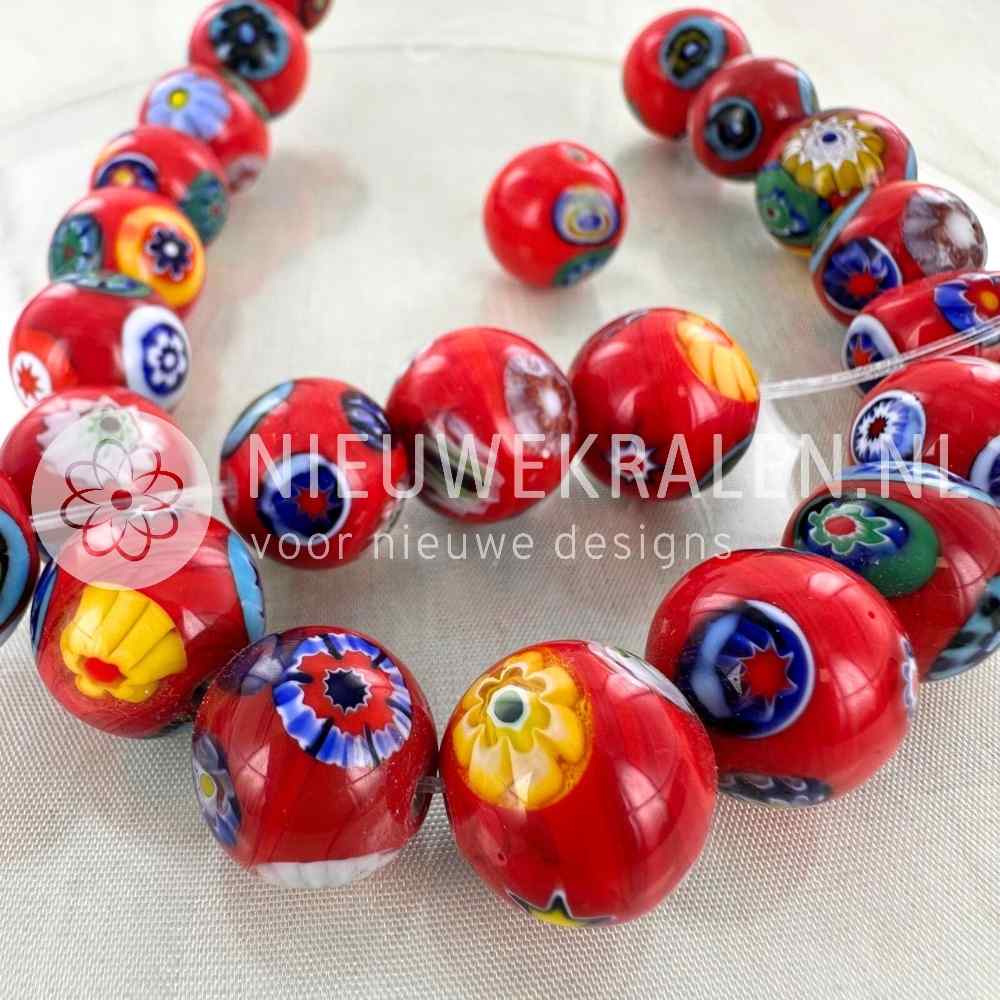 millefiori kralen rond rood multikleur 14mm handgemaakte glaskralen met bloemmotieven