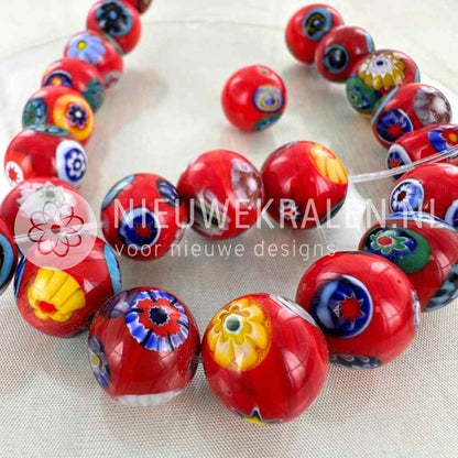 millefiori kralen rond rood multikleur 14mm handgemaakte glaskralen met bloemmotieven