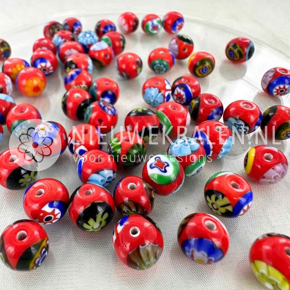 millefiori kralen rond rood multikleur 8mm handgemaakte glaskralen met bloemmotieven