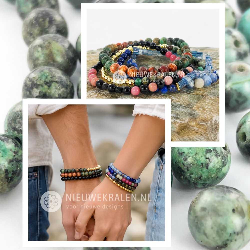 Inspiratievoorbeeld van kleurrijke armbanden gemaakt met ronde natuursteen kralen in verschillende steensoorten en kleuren.