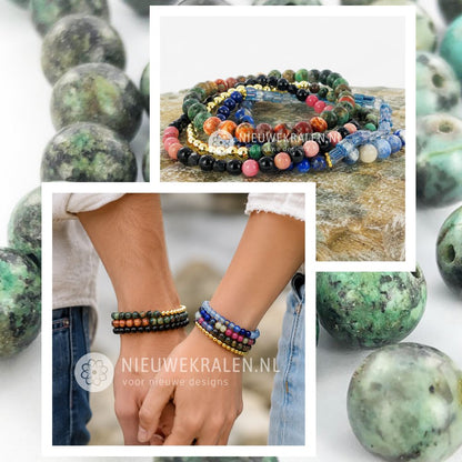 Inspiratievoorbeeld van kleurrijke armbanden gemaakt met ronde natuursteen kralen in verschillende steensoorten en kleuren.