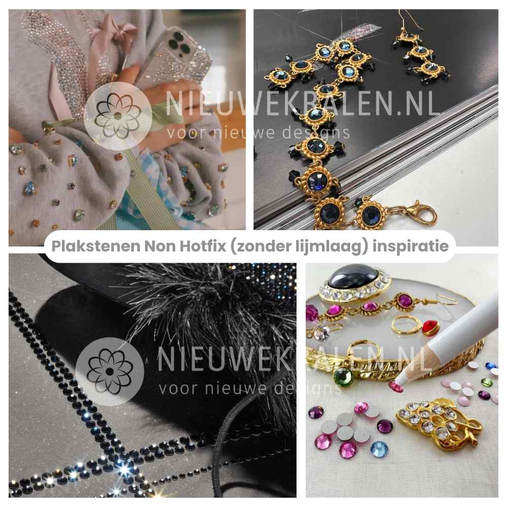 Inspiratie met plakstenen Non Hotfix (Flatback Stones) – toepassingen op sieraden, kleding, accessoires en DIY-projecten.