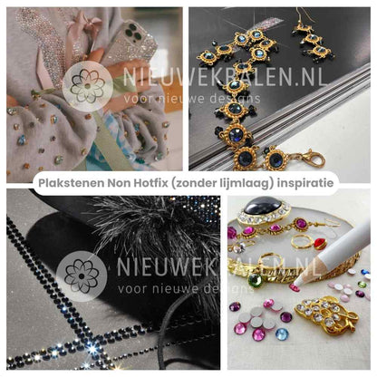 Inspiratie met plakstenen Non Hotfix (Flatback Stones) – toepassingen op sieraden, kleding, accessoires en DIY-projecten.