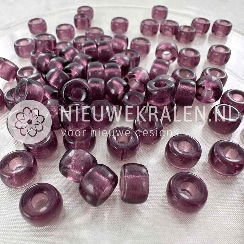 Pony Beads 9mm amethyst – transparant paarse Tsjechische glaskralen met groot rijggat