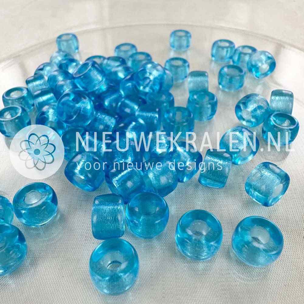 Pony Beads 9mm aqua blauw – transparante Tsjechische glaskralen met groot rijggat