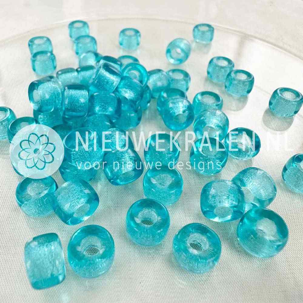 Pony Beads 9mm aquamarine – transparante blauwe Tsjechische glaskralen met groot rijggat