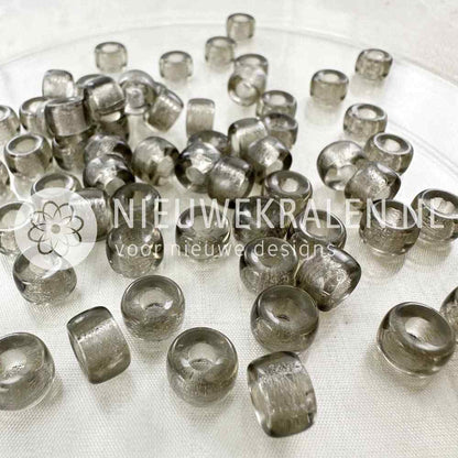 Pony Beads 9mm grijs – transparante Tsjechische glaskralen met groot rijggat