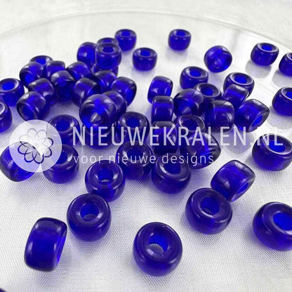 Pony Beads 9mm kobaltblauw – transparante diepblauwe Tsjechische glaskralen met groot rijggat