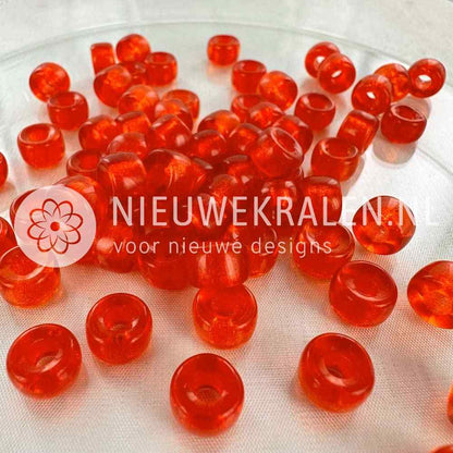 Pony Beads 9mm oranje rood – transparant oranje rode Tsjechische glaskralen met groot rijggat