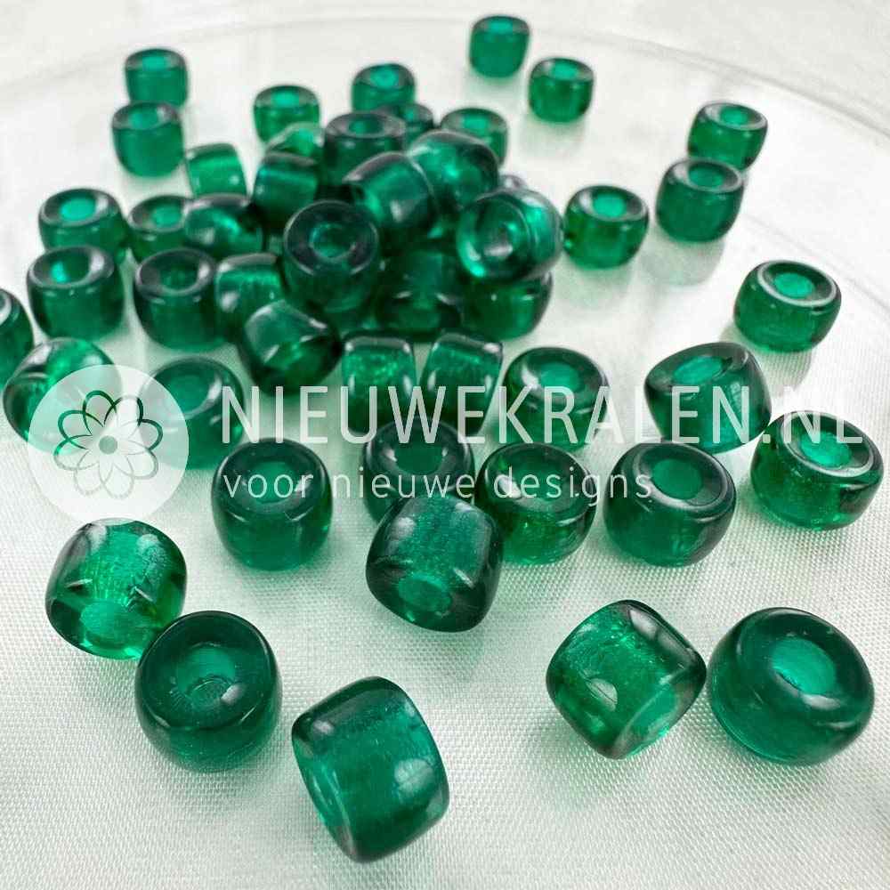 Pony Beads 9mm petrolgroen – transparant groene Tsjechische glaskralen met groot rijggat
