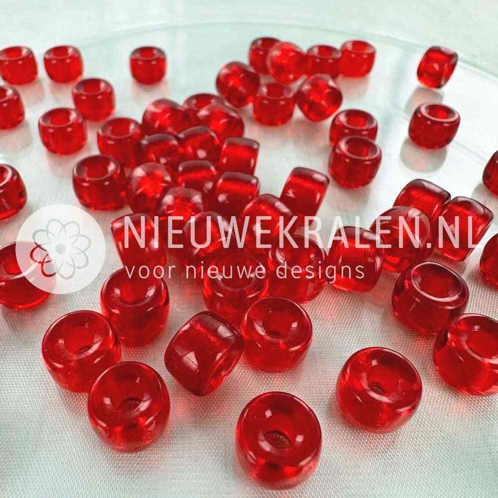 Pony Beads 9mm rood – transparant rode Tsjechische glaskralen met groot rijggat