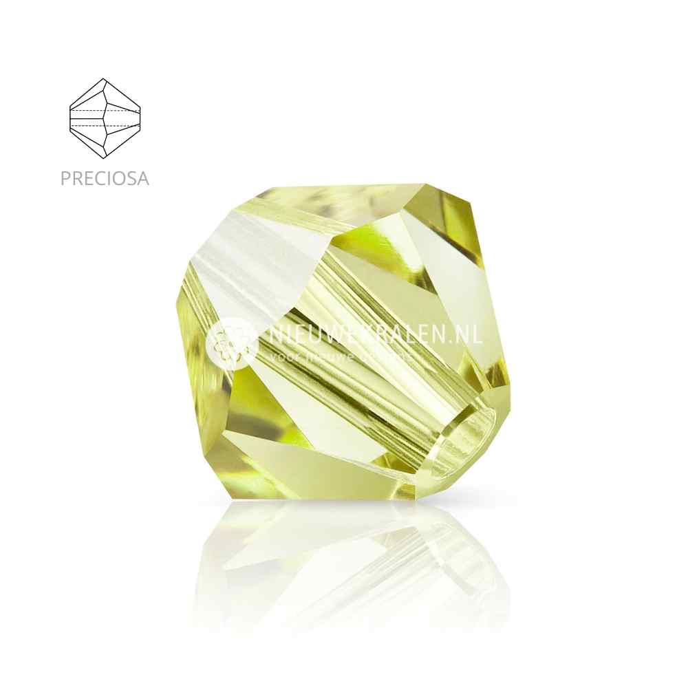 Preciosa bicone kralen 4 mm Acid Yellow (80250) – facetgeslepen kristal kralen uit Tsjechië in een zachte gele tint, het beste alternatief voor Swarovski kralen.