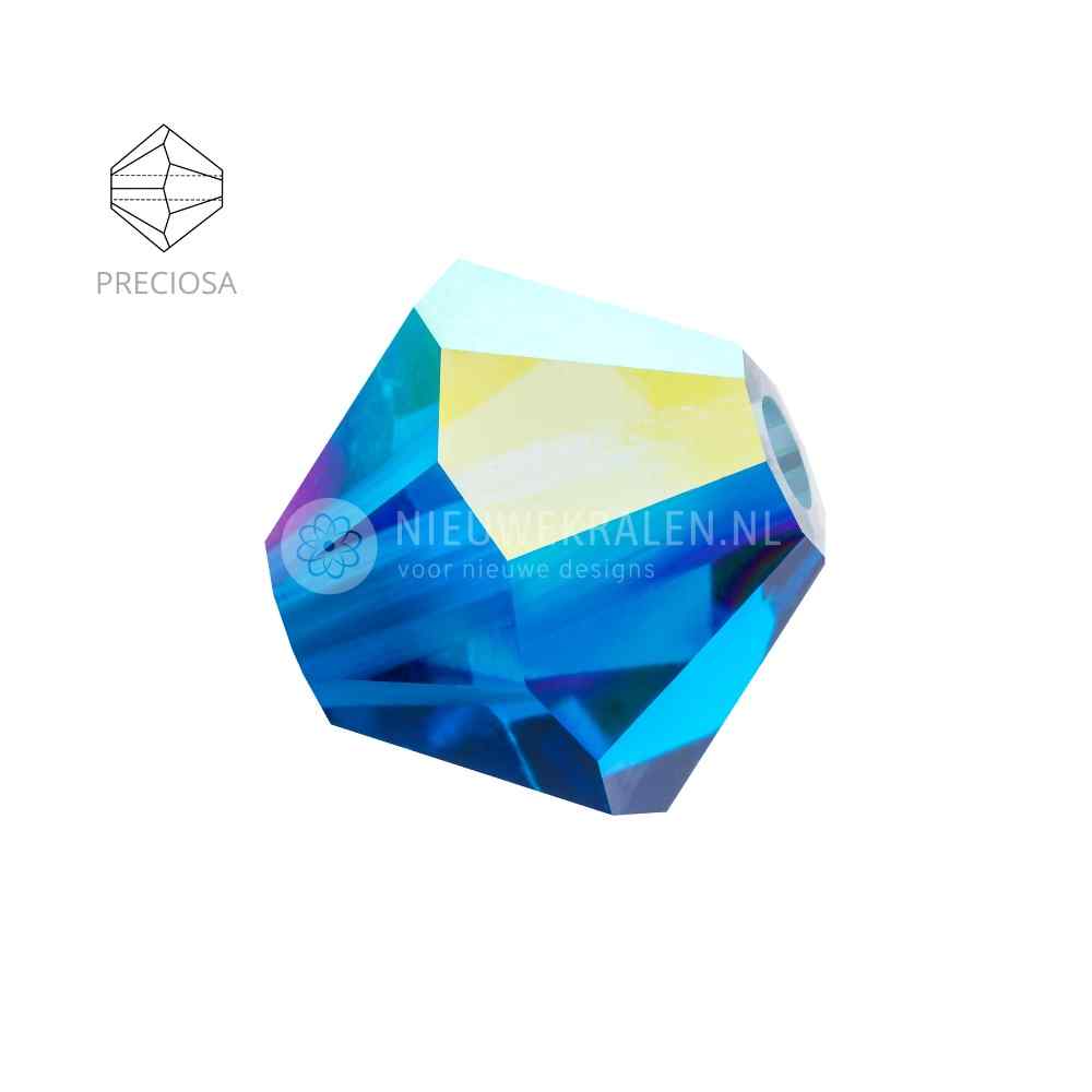 Preciosa bicone kralen 4 mm Capri Blue AB (60310AB) – facetgeslepen kristal kralen uit Tsjechië in een diepblauwe tint met Aurora Borealis-coating, het beste alternatief voor Swarovski kralen.