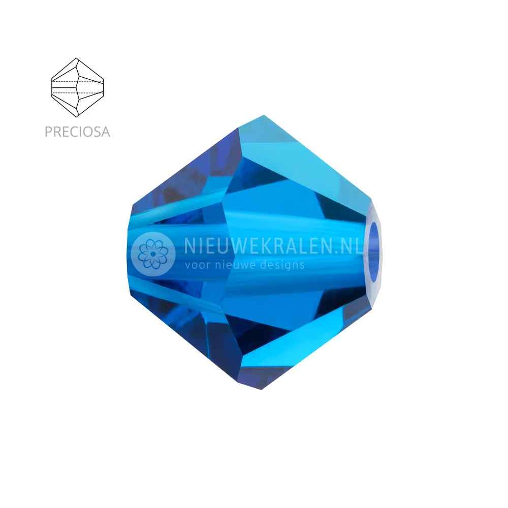 Preciosa bicone kralen 6 mm Capri Blue (60310) – facetgeslepen kristal kralen uit Tsjechië in een heldere, diepe blauwe kleur, het beste alternatief voor Swarovski kralen.